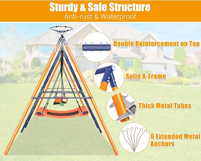 Swing Sets for Backyard 700 lbs - 6 in 1 Multifunction Swing Set Outdoor for Kids Playground, Larger Heavy Duty Metal Swing Stand with 3 Adjustable Swings, Climbing Ladder and Net, Basketball Hoop