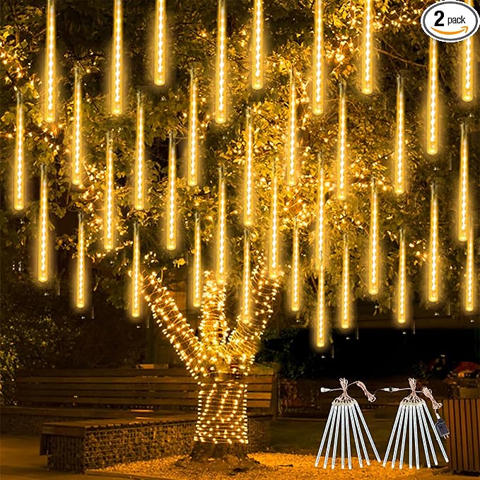 2-Pack Christmas Decorations Lights Outdoor, Total 384LED Meteor Shower Lights with Timer, 30cm 16 Tubes Indoor Outdoor Snow Cascading String Light for Xmas Tree Roof Party Garden Decor (Warm White)