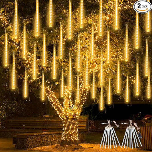 2-Pack Christmas Decorations Lights Outdoor, Total 384LED Meteor Shower Lights with Timer, 30cm 16 Tubes Indoor Outdoor Snow Cascading String Light for Xmas Tree Roof Party Garden Decor (Warm White)