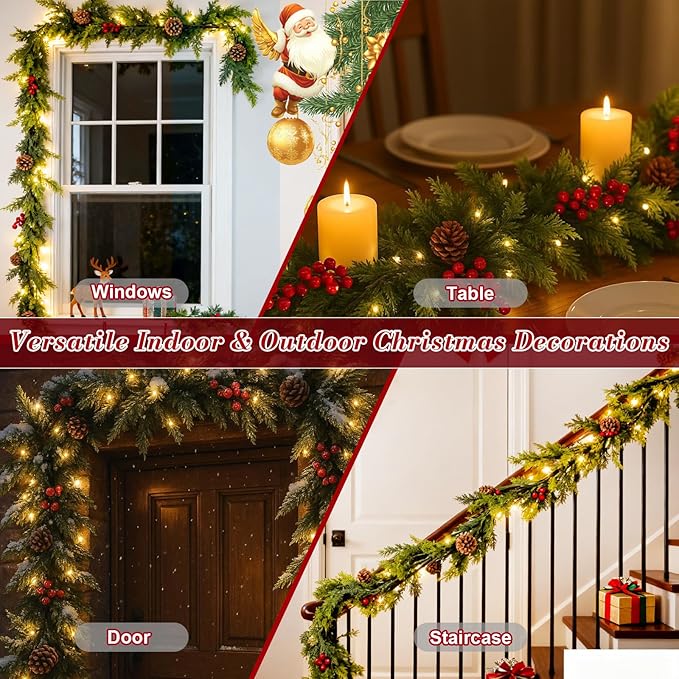 6.5FT Christmas Garland, Premium Rattan Garland with 30 LED Lights & Upgraded Battery Box, 4 Real Pinecones, 4 Berry Clusters, Indoor/Outdoor Christmas Decorations for Table, Mantle, Fireplace, Door