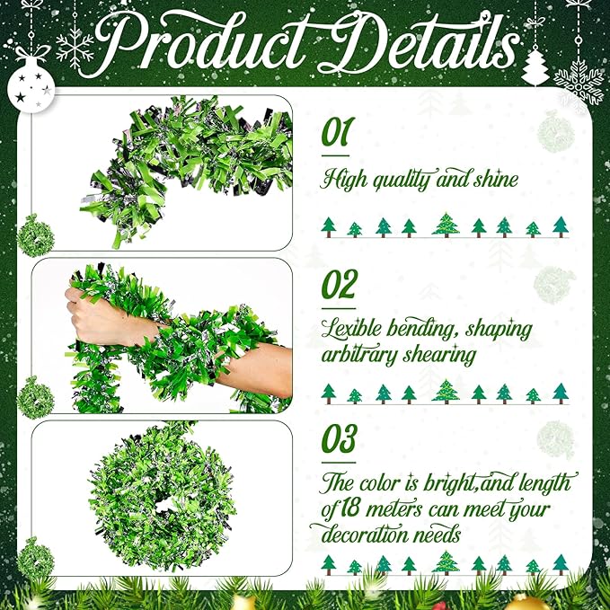 177 Feet Christmas Tinsel Garland Metallic Shiny Hanging Christmas Tree Tinsel Garland Ornaments for Indoor Outdoor Party Wedding Holiday (Lime Green White Silver)