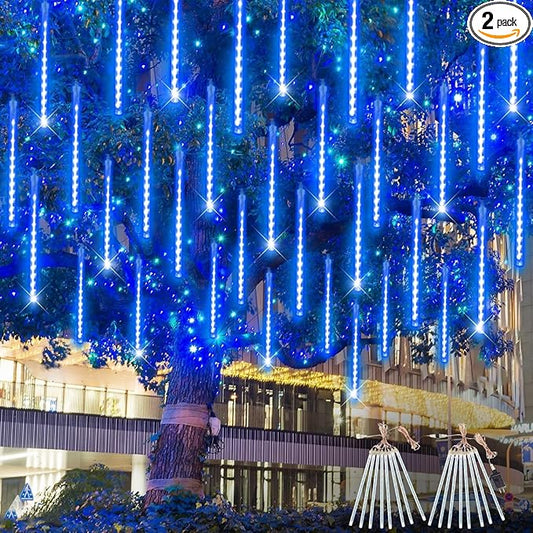 2 Pack Christmas Decorations Lights Outdoor, Extendable Meteor Shower Lights with Timer, Total 384LED 30cm 16 Tubes Indoor Outdoor Rain Light Cascading String Light for Xmas Garden Party Decor (Blue)