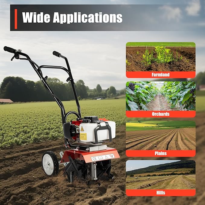 52CC 2-Stroke Gas Powered Tiller Cultivator 1700W Heavy-Duty Single Cylinder Motor, Gasoline Powered Garden Tiller, Garden Cultivator for Cultivation, Trenching, Soil Tillage, Loosening