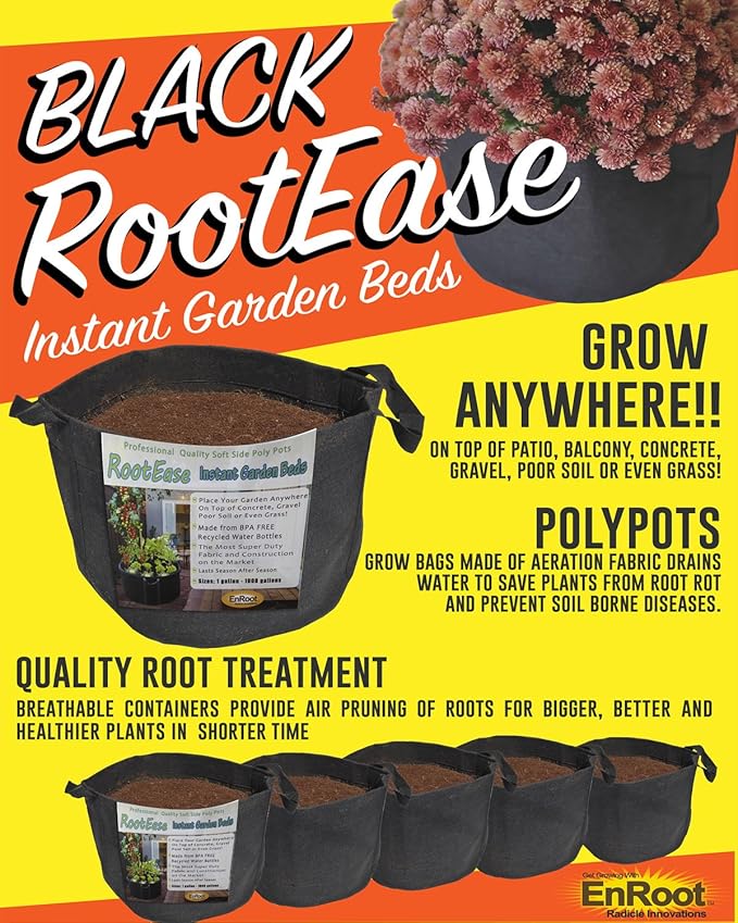 RootEase Garden Planting Fabric Grow Bags, Heavy Duty Durable Fabric Grow Pots, Perfect Harvest Planter, Raised Bed, Eco-Friendly Grow Bags (15 Gallon, Black)