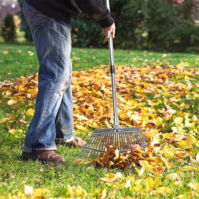 KeFanta Garden Leaf Rakes, Rake for Leaves Heavy Duty 25 Metal Tines 18.5 Wide, 62 Adjustable Long Handle Rakes for Lawns Yard Grass Flower Beds