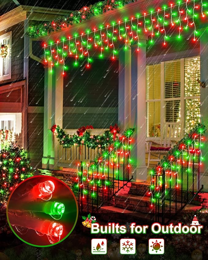 Christmas Lights Outdoor Red Green, 53 FT 486 LED Christmas Lights for Outside, Timer & Memory, Plug in 8 Modes Hanging Fairy Light with 108 Drops for House Eaves Yard Patio Decorations