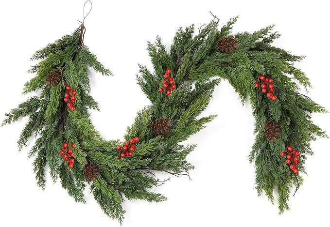 6FT Artificial Cedar Christmas Garland for Mantle Christmas Decorations Real Touch Realistic Greenery Faux Pine Garlands for Xmas Home Decoration Fake Winter Indoor Outdoor Garland Door Decor