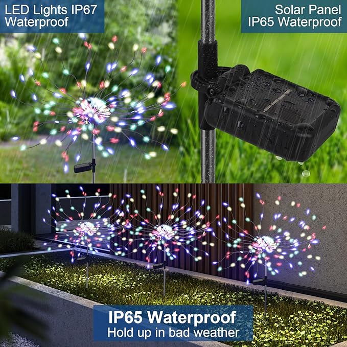 2 Pack 175 LED Solar Firework Lights Outdoor, 4th of July 2 Modes Solar Garden Light Waterproof Twinkling Light, Starburst Lights for Landscape Path Halloween Christmas Decor （Colorful）