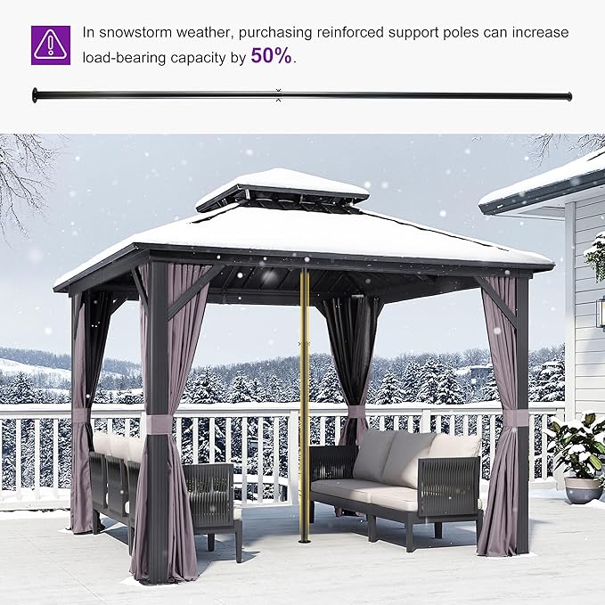 PURPLE LEAF 10'x10' Hardtop Gazebo with Lights Aluminum Double Roof Galvanized Steel Outdoor Patio Gazebo with Included Netting and Curtains for Backyard Garden Grey