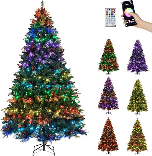 GOFLAME 8FT Pre-lit Artificial Christmas Tree, Hinged Xmas Tree with Remote and App Control, 650 Color & Mode Changing RGB Lights, Timer, 1936 Branch Tips, Pine Cones and Red Berries