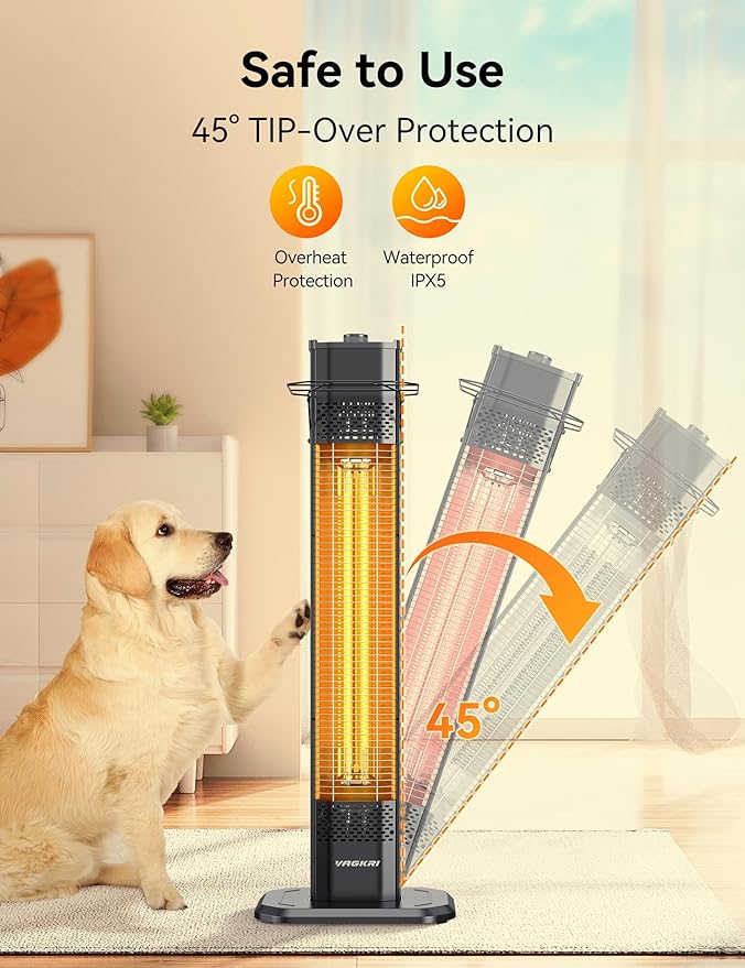 VAGKRI Outdoor Electric Patio Heater, 1500W Dual Carbon Tube Infrared Heater, Tip-Over & Overheat Protection,1S Instant Heat, IPX5 Waterproof, Tower Space Heater for Patio, Backyard & Garage