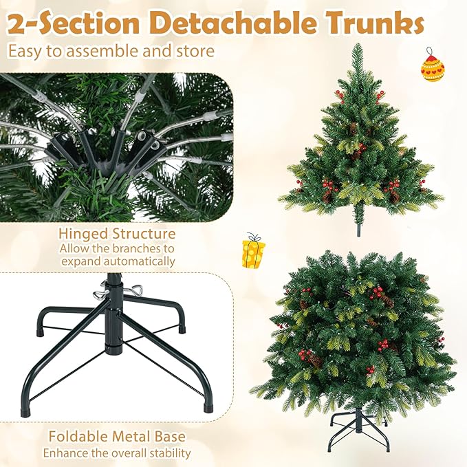 GOFLAME 5FT Pre-lit Artificial Christmas Tree, Hinged Xmas Tree with Remote and App Control, 250 Color & Mode Changing RGB Lights, Timer, 584 Branch Tips, Pine Cones and Red Berries
