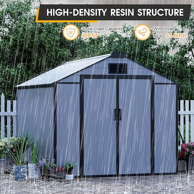 8 x 10 FT Resin Outdoor Storage Shed, All-Weather Plastic Garden Shed with Floor, Lockable Doors & Windows, Plastic Tool Shed for Poolside, Backyard, Patio