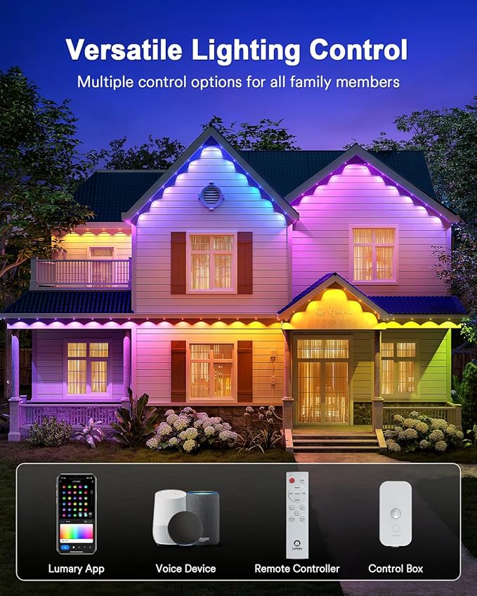 Lumary Permanent Outdoor Lights Max 53ft with 40 LED Eave Lights RGBAICW 2400LM, IP67 Waterproof, IC Control and Scene Modes for Halloween Christmas Decoration, Works with Alexa and Google Assistant