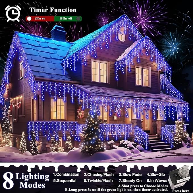 XURISEN 66ft Christmas Lights Decorations Outdoor, 640 LED 8 Modes Curtain Fairy Lights with 120 Drops,Plug in Waterproof Timer Memory Function for Christmas Holiday Wedding Party Decor(Blue)