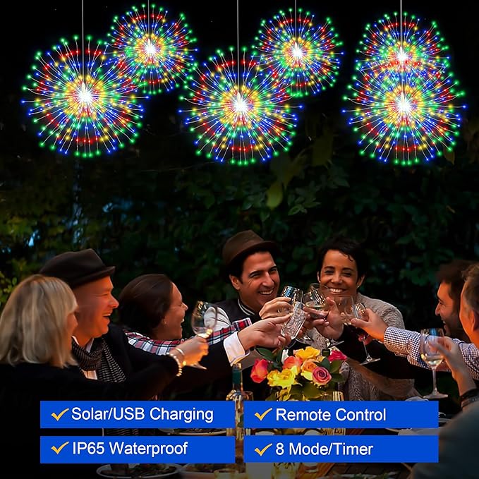 Solar Christmas Firework Lights Outdoor, 5 Pack 1000LED Solar Starburst Lights with Remote, 8 Modes Dimmable Waterproof Hanging Fairy Lights for Garden, Patio, Holiday Christmas Decor (Multicolor)