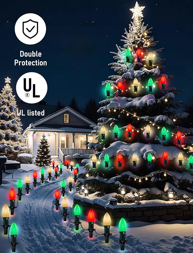 C9 LED Christmas Lights Outdoor 25Ft Outdoor Christmas Decorations String Lights Waterproof with 26 C9 LED Red White and Green Bulbs, Hanging Vintage Christmas Light for Garden Party Pathway Roofline