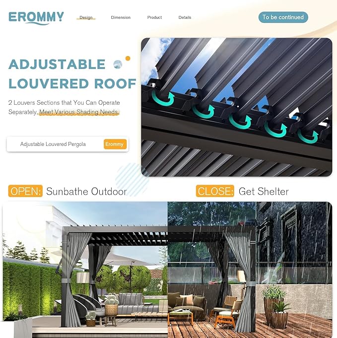 EROMMY Louvered Pergola 10' x 12', Outdoor Aluminum Pergola with Adjustable Rainproof Roof for Garden, Patio, Deck, Waterproof Curtains and Netting Included, Gray-Black