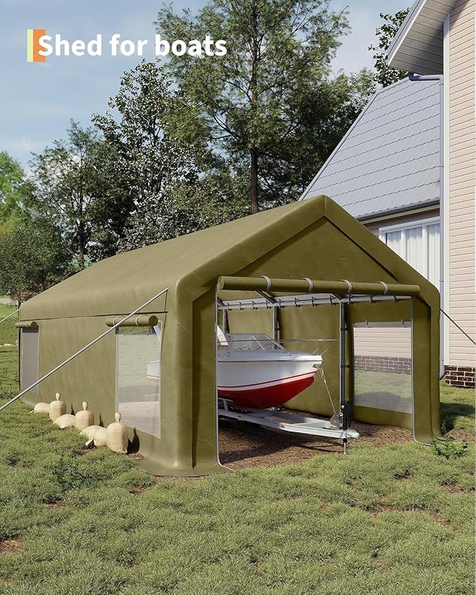 13x25FT Heavy Duty Carport with Removable Walls & Roll-Up Door, All-Weather Portable Garage for Truck, RV, Boat, Vehicle Storage Shelter