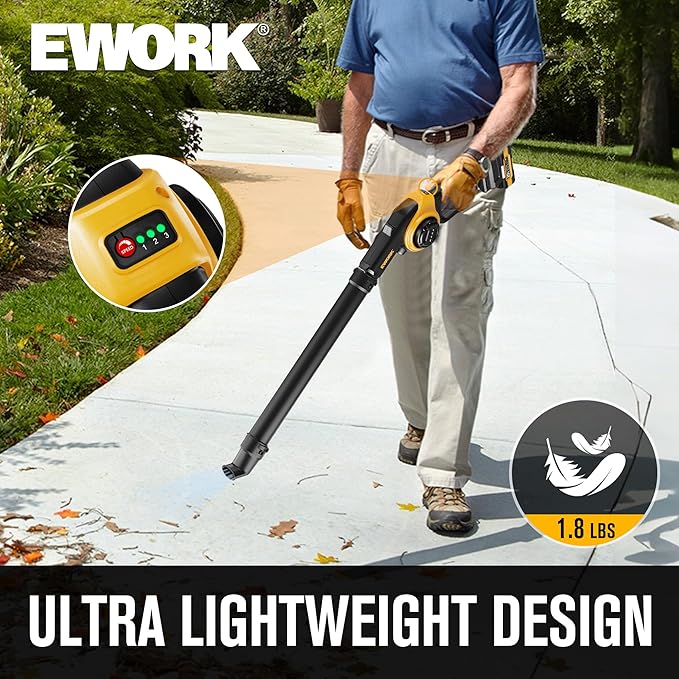 EWORK Small Leaf Blower Cordless 20V 130CFM/200MPH Lightweight Electric Leaf Blower with 2x2.0Ah Battery and Fast Charger, Mini Battery Powered Compact Blowers for Lawn Care, Leaves, Jobsite