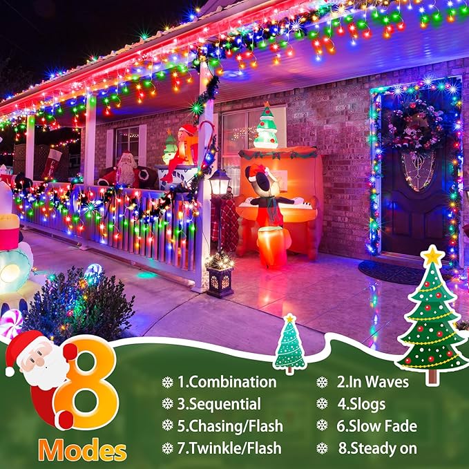 SAUIRS 2Pack 320 LED Christmas Lights Outdoor Decorations with 120 Drops Timer 8Mode 66FT Curtaing Lights Waterproof Plug in Fairy Lights for Indoor,Xmas,Party,Patio,Window,Trees Decor(Multicolor)