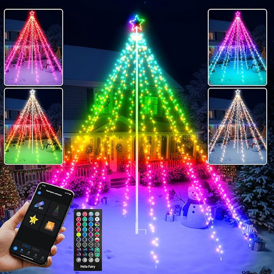 12FT 740LEDs Smart Outdoor Christmas Tree Lights With Sturdy Iron Pole, App Control DIY Color Changing, Music Sync, Timer, 100+ Modes Waterproof Large Star Waterfall Light for Outside Yard Lawn Decor