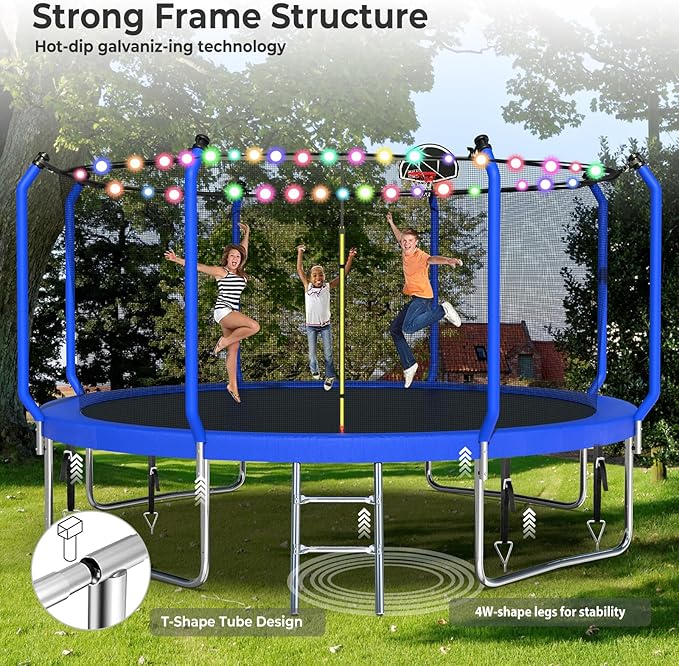 Lyromix Upgraded Trampoline 8FT/10FT/12FT/14FT With Basketball Hoop, Light, Sprinkler, Stakes - Outdoor Backyard for 4-6 Kids and Adults