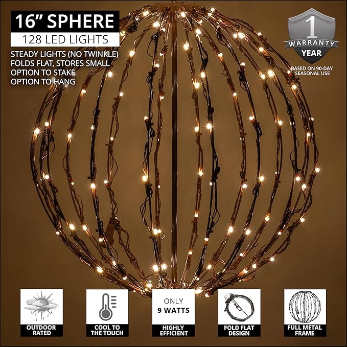 Wintergreen Lighting LED Light Ball - Indoor/Outdoor Christmas Light Balls, Fold Flat Metal Frame (16, Brown Frame, Warm White Lights)
