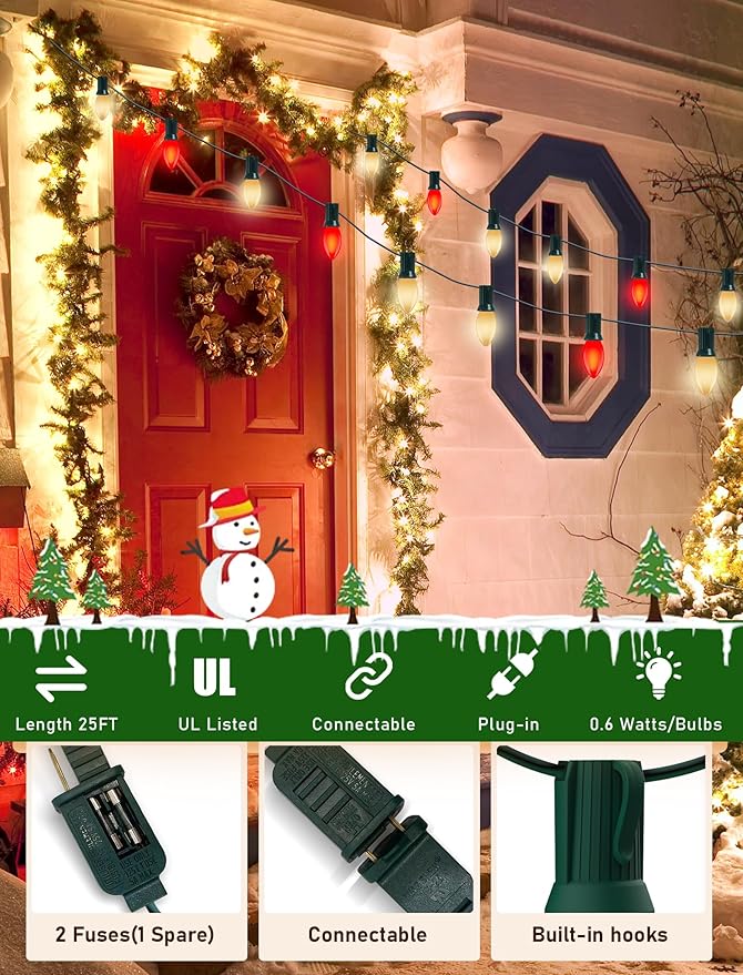 25Ft LED C9 Red and White Christmas Lights Outdoor, C9 Vintage Christmas Lights with 26 LED Red and White Bulbs, Hanging Outdoor String Lights for Patio Outside Holidays Party Xmas Roofline Wedding
