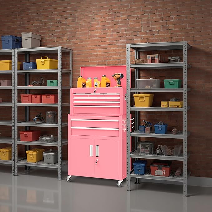 Bonusall 8 Drawer Rolling Tool Chest and Cabinet Combo,Heavy-Duty Metal Garage Tool Chest with Wheels and 2 Doors,2-in-1 Top Box and Roller Cabinet Combo for Garage, Workshop, Warehouse-Pink
