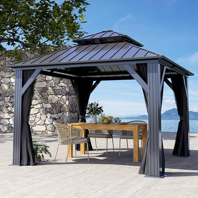 10 X 10ft Hardtop Gazebo, Galvanized Steel Double Roof Gazebo with Nettings and Curtain Outdoor Aluminum Frame Vertical Stripes Roof Permanent for Patio, Backyard, Lawns