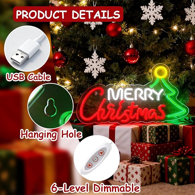 Merry Christmas Home Decor Neon Sign Led Neon Christmas Lights Ornaments Tree Decorations Outdoor Neon Signs for Wall Decor USB Powered Led Neon Signs for Room Decoration