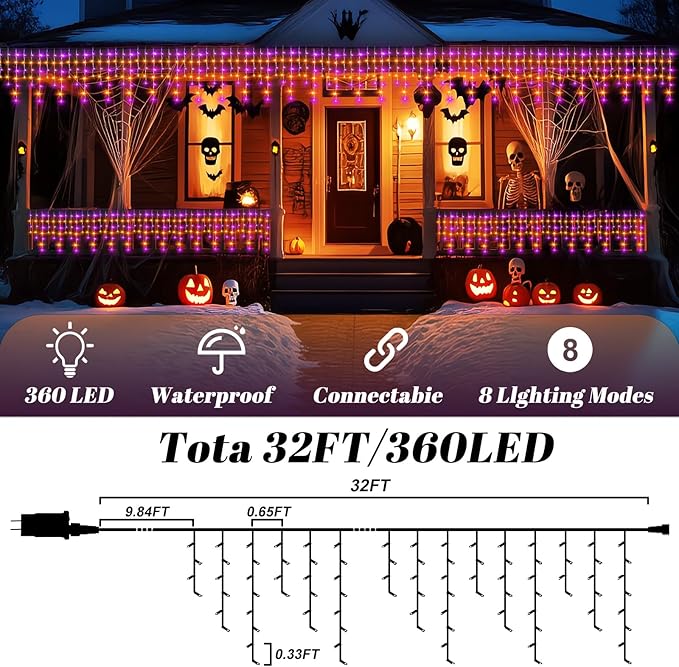 Outdoor String Lights Waterproof Halloween Lights with Timer, 11 Modes for Holiday Party Home Decor (Purpel+Orange, 360LED 32FT)