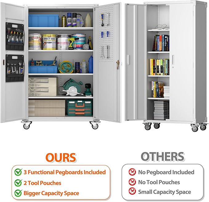 Aobabo Extra Large Garage Storage Cabinet on Wheels, Metal Storage Cabinets with 4 Adjustable Shelves, 3 Pegboards and 2 Tool Pouches for Home Office Stash, Assembly Required
