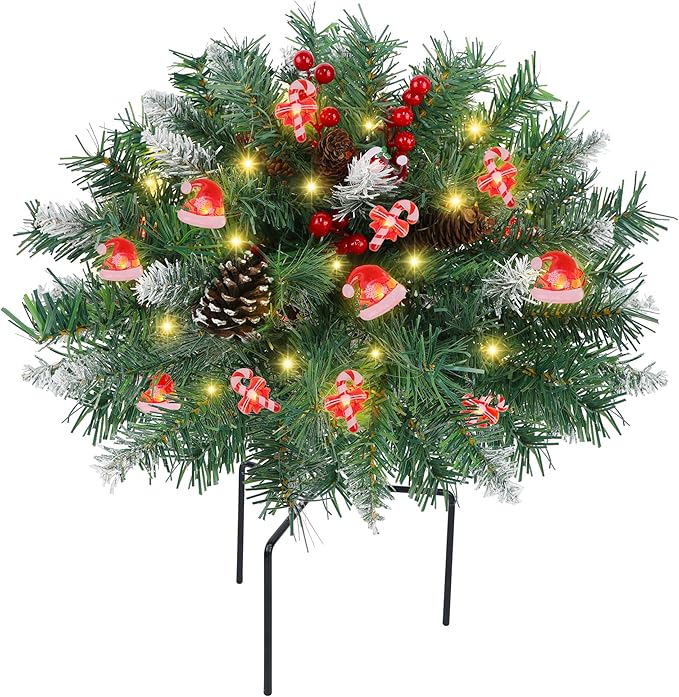 DR.DUDU 15 Inch Outdoor Christmas Decorations Urn Filler for Front Porch- Lighted Christmas Pot Fillers with Stake, Xmas Pine Trees with Timer for Outside Home Décor