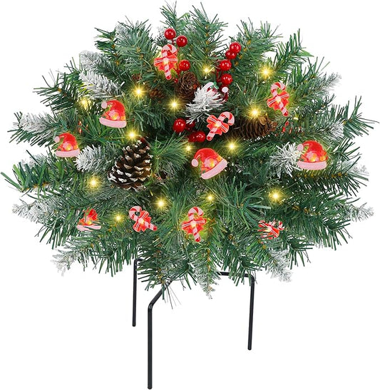 DR.DUDU 15 Inch Outdoor Christmas Decorations Urn Filler for Front Porch- Lighted Christmas Pot Fillers with Stake, Xmas Pine Trees with Timer for Outside Home Décor