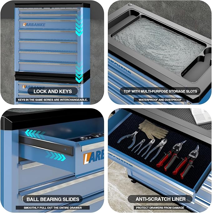 LARBANKE 5-Drawer Rolling Tool Chest with 360¡Æ Wheels and Lock&Keys,Tool Cabinet with Non-slip Pearl Cotton Mat and Multifunctional Countertop,Connecting Rods Can Be Connected with 7-Drawer Tool Chest