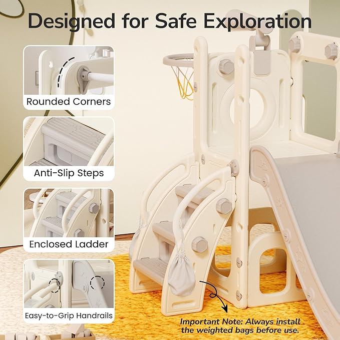 9 in 1 Toddler Slide and Swing Set with Basketball Hoop, Drawing Board, Rings & Telescope Indoor Outdoor Playset for Kids, Playground Activity Center, Toddler Swing and Slide Set