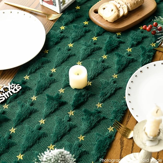 Artoid Mode Christmas Trees Stars Green Soft Plush Faux Fur Jacquard Christmas Table Runner, Holiday Dining Table Decoration for Home Party Decor 13x72 Inch