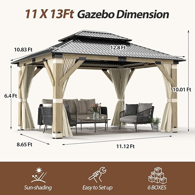 11 x 13 FT Wood Gazebo,Outdoor Wooden Hardtop Gazebo with Galvanized Steel Doule Roof,Cedar Wood Frame Gazebos with Netting&Curtains for Patio Backyard Deck