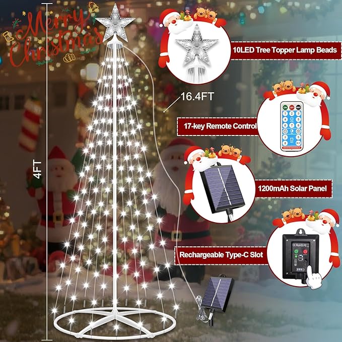 Forlivese 154LED Outdoor Solar Christmas Tree Lights, 4FT Lighted Artificial Cone Tree with Remote, 8 Modes, USB Charge, Timer & Waterproof Christmas Tree Decor for Garden Yard Patio, Cold White