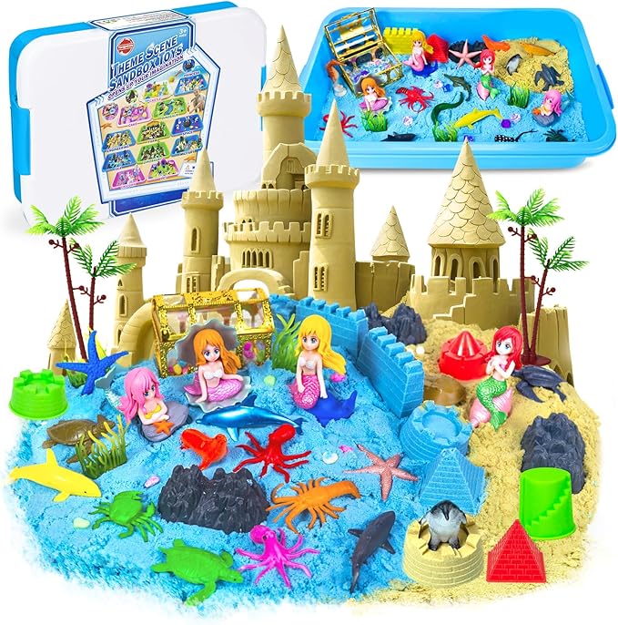 Sensory Bin, 57Pcs Ocean Mermaid Sensory Bins for Toddlers Sand Art Kit Sea Animals Molds Sandbox with Cover, Kids Play Sand Toys Playsand Birthday Valentines Gifts for Boys Girls 3-5 6 7+