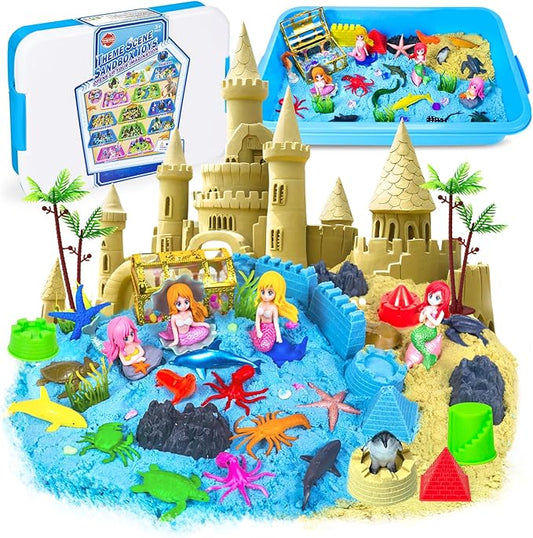 Sensory Bin, 57Pcs Ocean Mermaid Sensory Bins for Toddlers Sand Art Kit Sea Animals Molds Sandbox with Cover, Kids Play Sand Toys Playsand Birthday Valentines Gifts for Boys Girls 3-5 6 7+