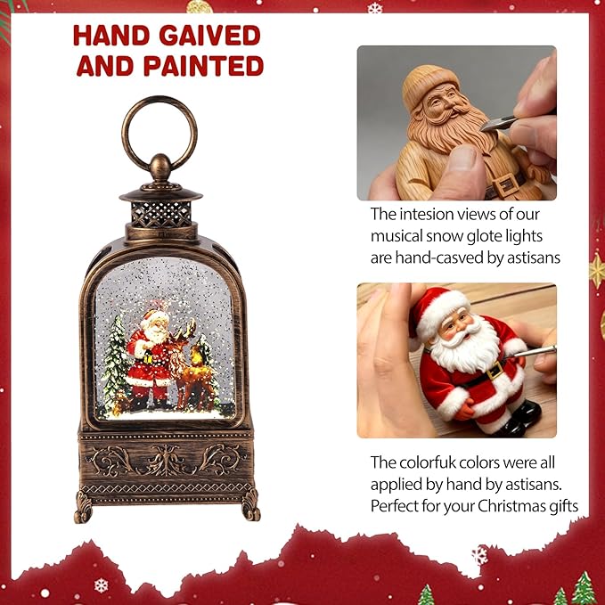 10.2 Christmas Snow Globe Santa Claus, Musical Snow Globe Lantern with 6H Timer Battery & USB Powered, Retro Style Holiday Glitter Snow Globes for Xmas Home Decoration Indoor Holiday Party Gifts