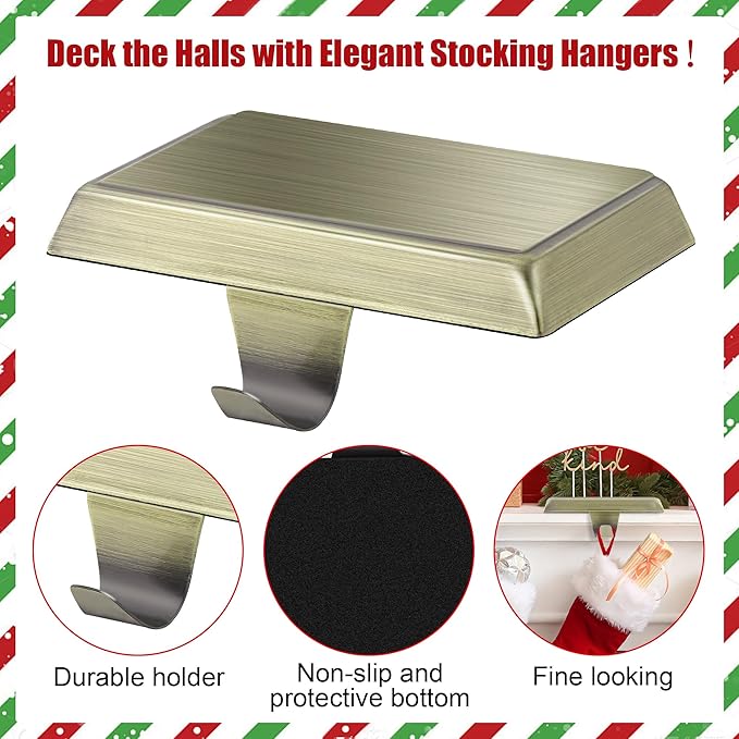 Fovths 4 Pieces Christmas Stocking Holders Bases Metal Mantle Stocking Hooks Fireplace Stocking Hanger Weighted Hanging Hooks for Xmas Holiday Party Decorations, Bronze