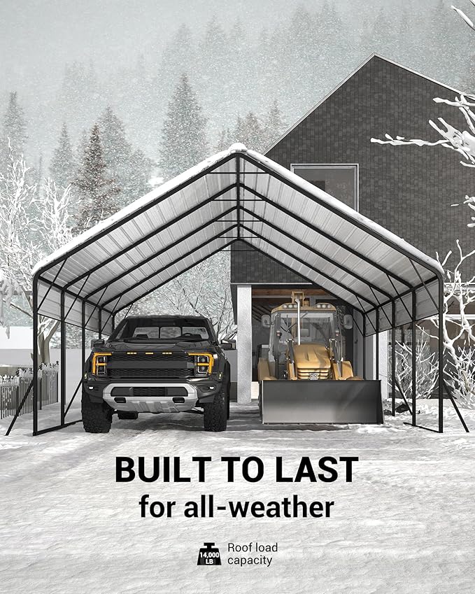 20x20 FT Metal Carport Heavy Duty Car Ports Reinforced Frame, Galvanized Steel Roof and Enhanced Base All-Weather Outdoor Oversized Shelter for Cars, Bass Boats, Full-Sized Pickup Trucks, Tractors