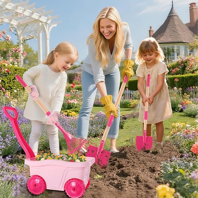 Duckura Kids Gardening Tools Set - 7pcs Wheelbarrow Set for Kids with Shovel, Rake, Leaf Rake, Summer Outdoor Yard Digging Weed Toys, Christmas Birthday Gifts for Boys Girls Age 2 3+ Years Old(Pink)