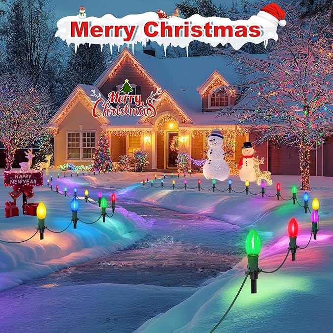 60Ft C9 Led Christmas Pathway Lights Outdoor, 40 Multicolor Bulbs Waterproof Connectable Extra Long Christmas Walkway Lights for Large Driveway, Yard, Lawn
