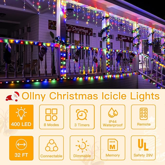 Ollny Icicle Lights for Outside 400LED 32FT, Multicolor Christmas Light with Remote 8Modes Timers Waterproof, Plug in Connectable Hanging Lights for Outdoor Indoor House Roof Holiday
