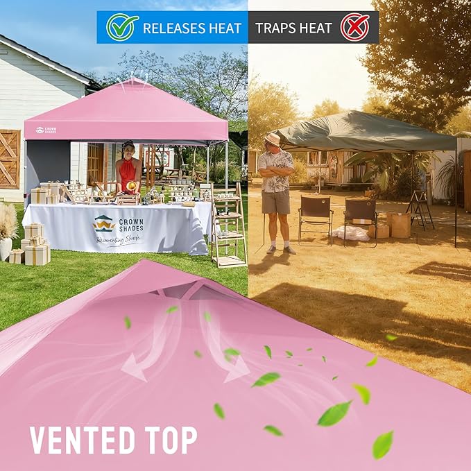 CROWN SHADES Canopy Tent, 10 x 10 Foot Portable Pop Up Outdoor Shelter with 1 Sidewall, Easy 1 Push Center Lock, UV Protection, and Carry Bag, Pink